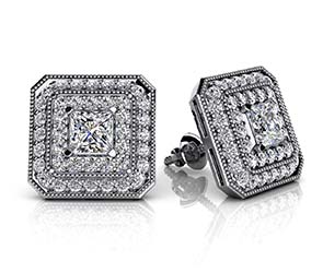 Square Shaped Princess Cut and Round Diamond Stud Earrings