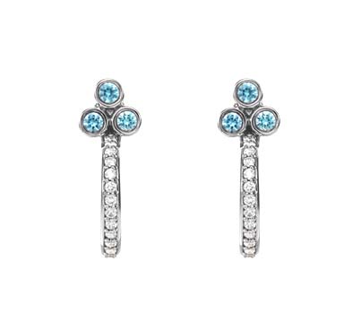 Three Stone Aquamarine J-Hoop Damond Earrings 1/2 Carat Total Weight