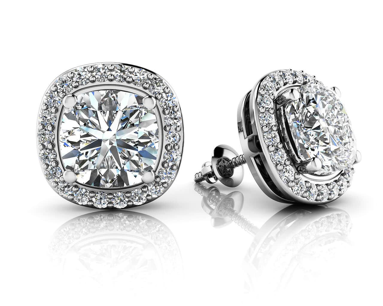 18ct White Gold Cushion Cut Diamond Halo Stud Earrings-0.30ct Diamonds