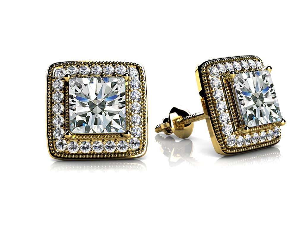 Milgrain Princess Cut Diamond Stud Earrings 1/3 Carat Total Weight