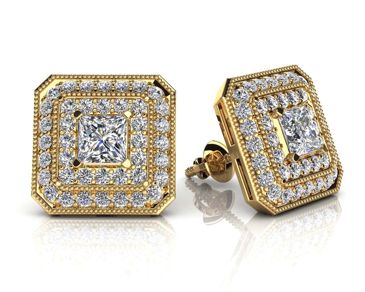 Square Shaped Princess Cut and Round Diamond Stud Earrings 0.71 Carat Total Weight