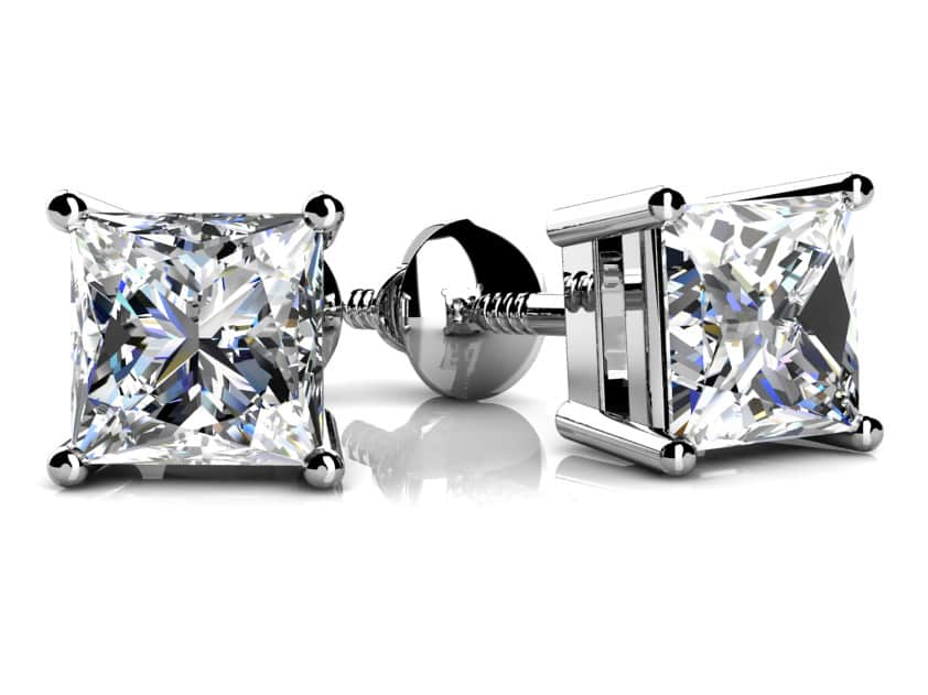 4 Prong Basket Style Princess Cut Diamond Stud Earrings 1/4 Carat Total Weight