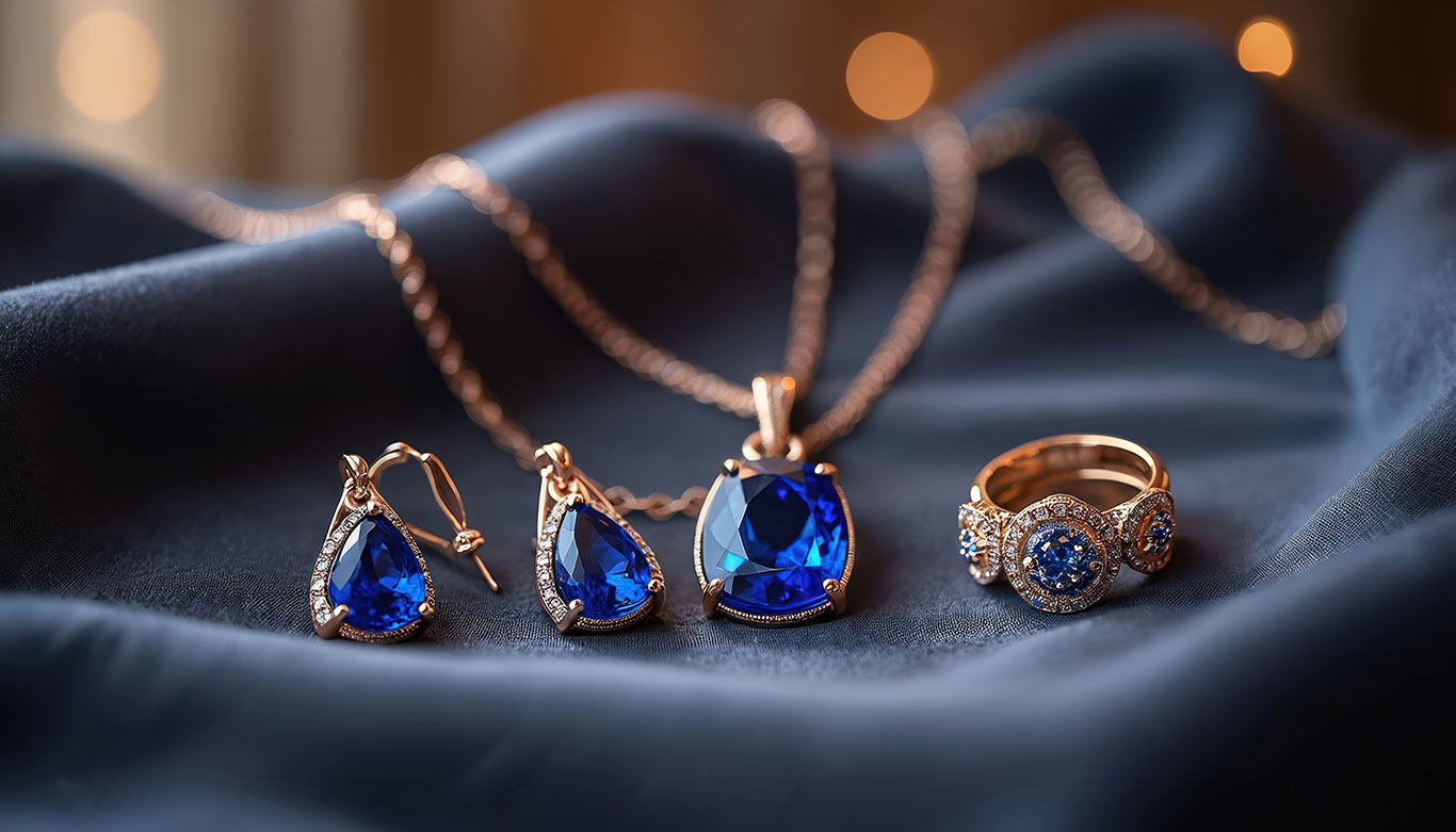 5th Year wedding anniversary sapphire jewelry gift ideas - sapphire rings, necklaces, and earrings