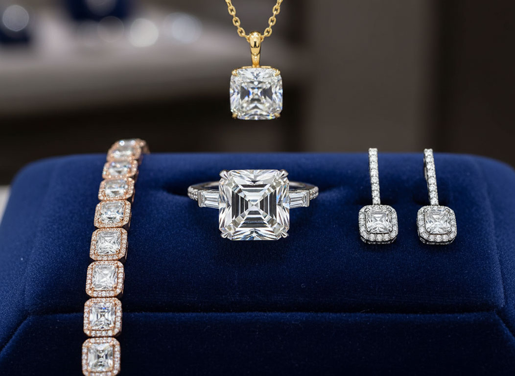 Asscher cut diamond showing distinctive windmill facet pattern, step-cut brilliance, and Art Deco square elegance with cropped corners