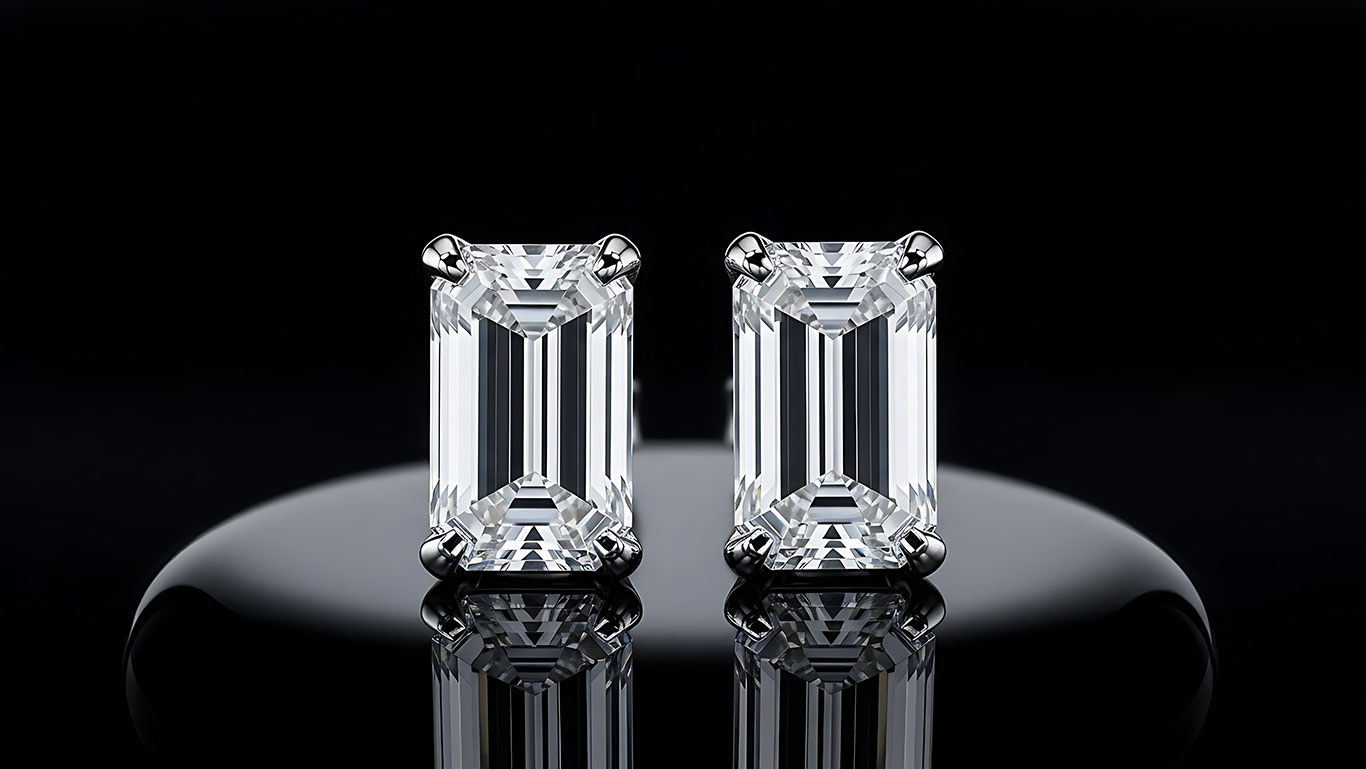 Emerald cut diamond showing step-cut faceting with hall of mirrors effect, clean lines, and sophisticated Art Deco elegance