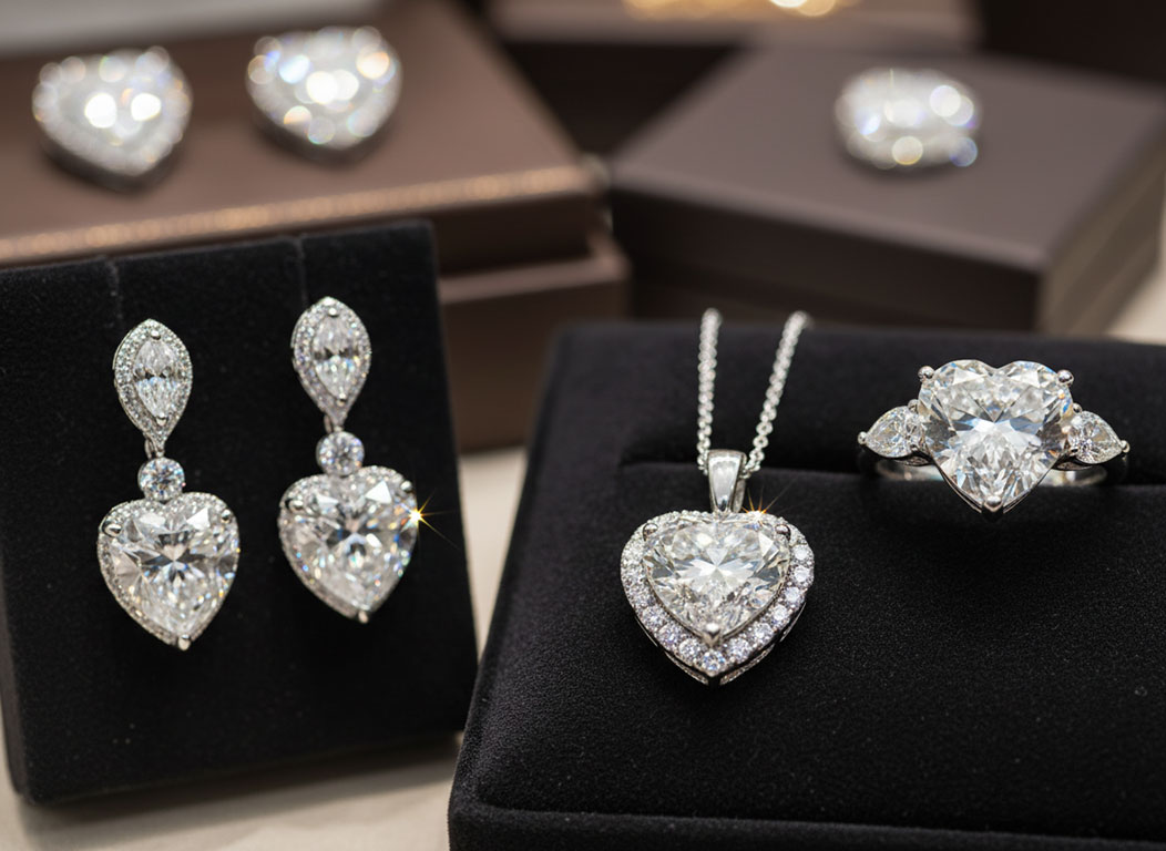 Heart shaped diamond with symmetrical lobes, defined cleft, and brilliant faceting showing the ultimate romantic diamond shape for love and commitment