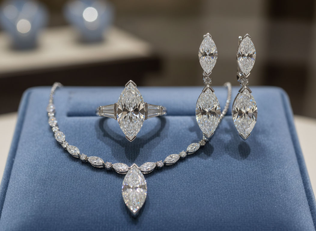 Marquise cut diamond with elongated boat shape showing maximum face-up size, brilliant faceting, and dramatic finger-flattering silhouette