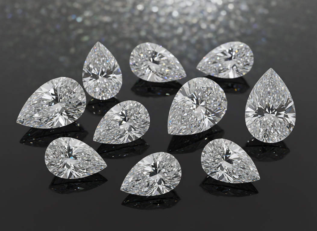Pear shaped teardrop diamond with brilliant faceting showing elegant elongated silhouette and exceptional light return