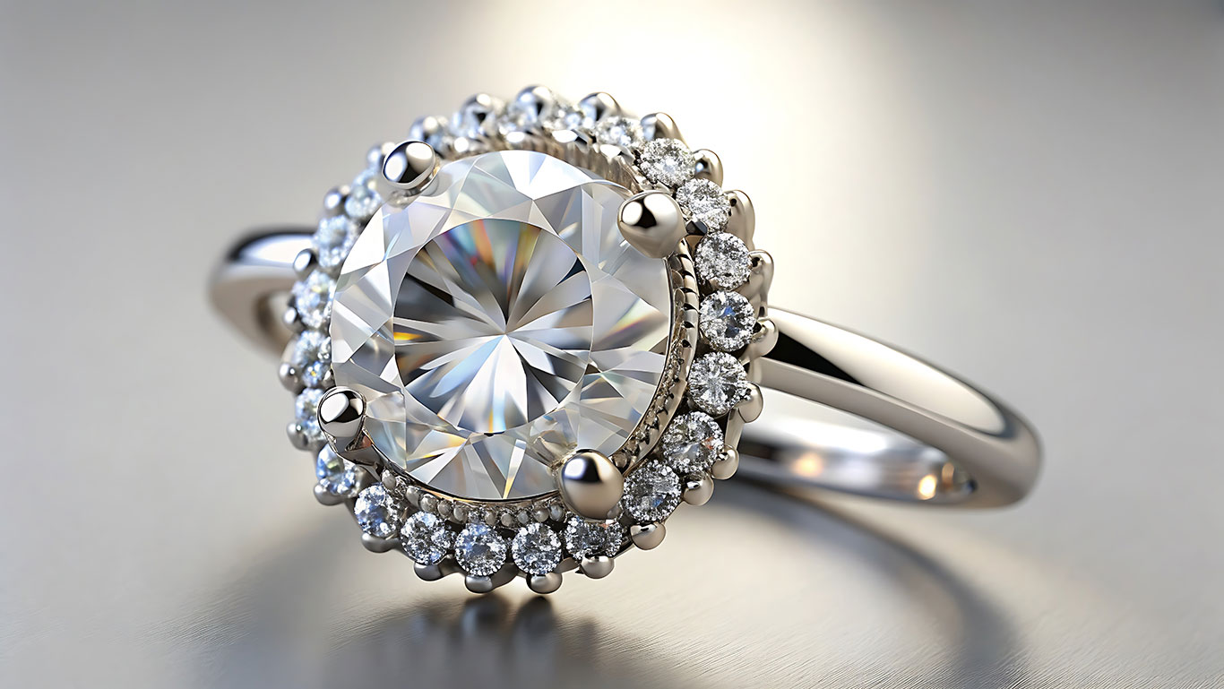 Halo diamond engagement ring with center stone surrounded by sparkling accent diamonds in platinum setting