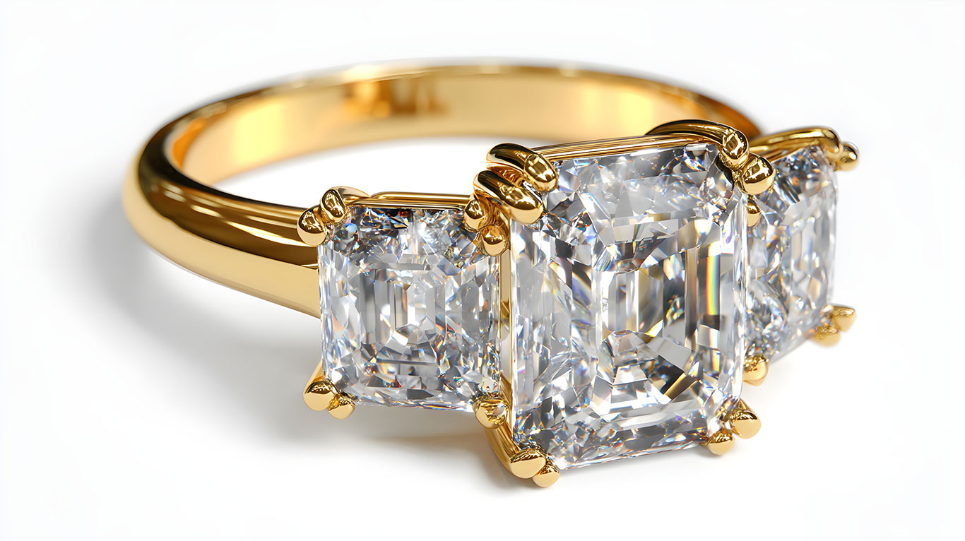 Three-stone diamond engagement ring with center diamond flanked by two side stones symbolizing past present and future