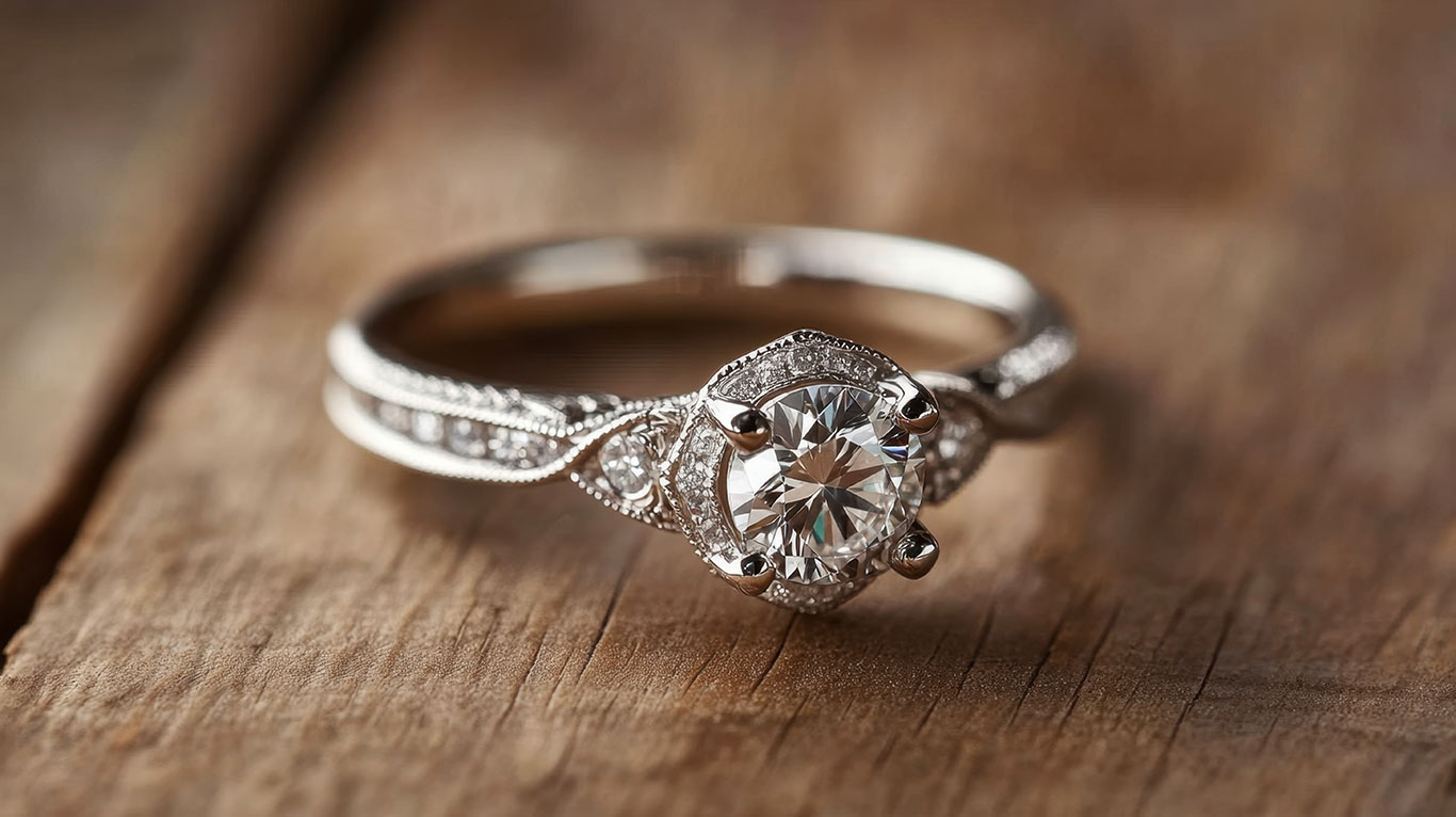 Vintage engagement ring with Art Deco filigree, milgrain edging, and antique-inspired diamond setting in white gold