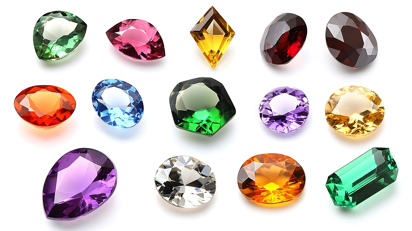 Collection of precious and semi-precious gemstones including ruby, sapphire, emerald, tanzanite, opal, and amethyst