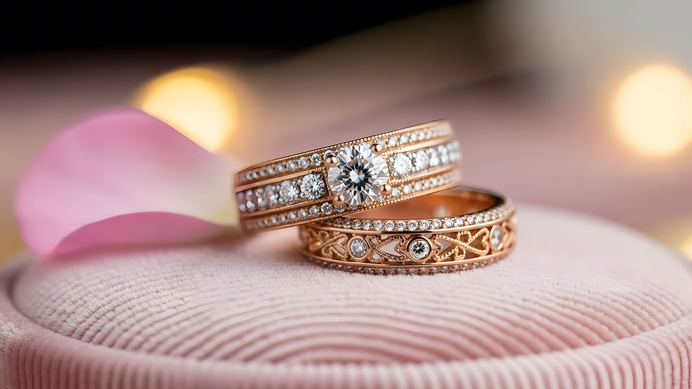 Matching his and hers wedding ring sets in coordinating gold and platinum styles for couples