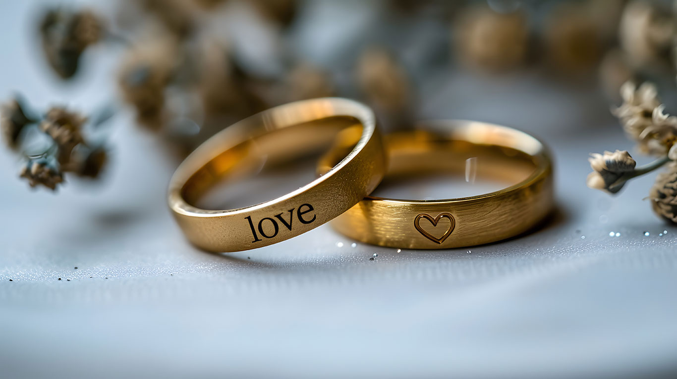 Engraved wedding rings with custom messages, dates, and symbols laser engraved inside gold and platinum bands