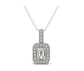 Drop Halo Emerald Cut Diamond Bezel Pendant