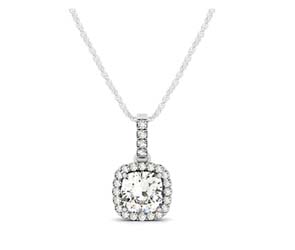 Drop Three Prong Halo Cushion Cut Diamond Pendant