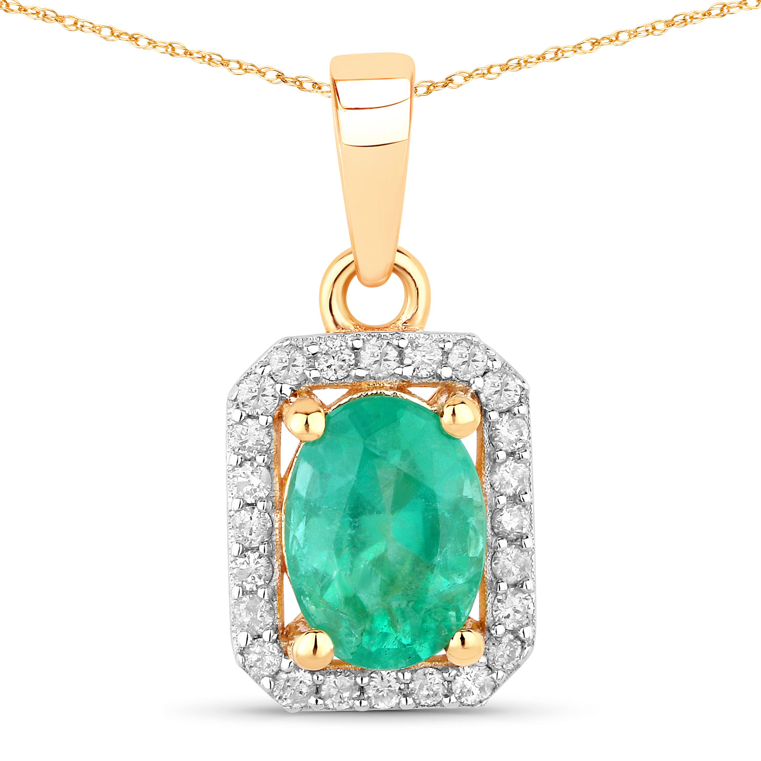 0.83 Carat Genuine Zambian Emerald and White Diamond 10K Yellow Gold Pendant | USA Jewels