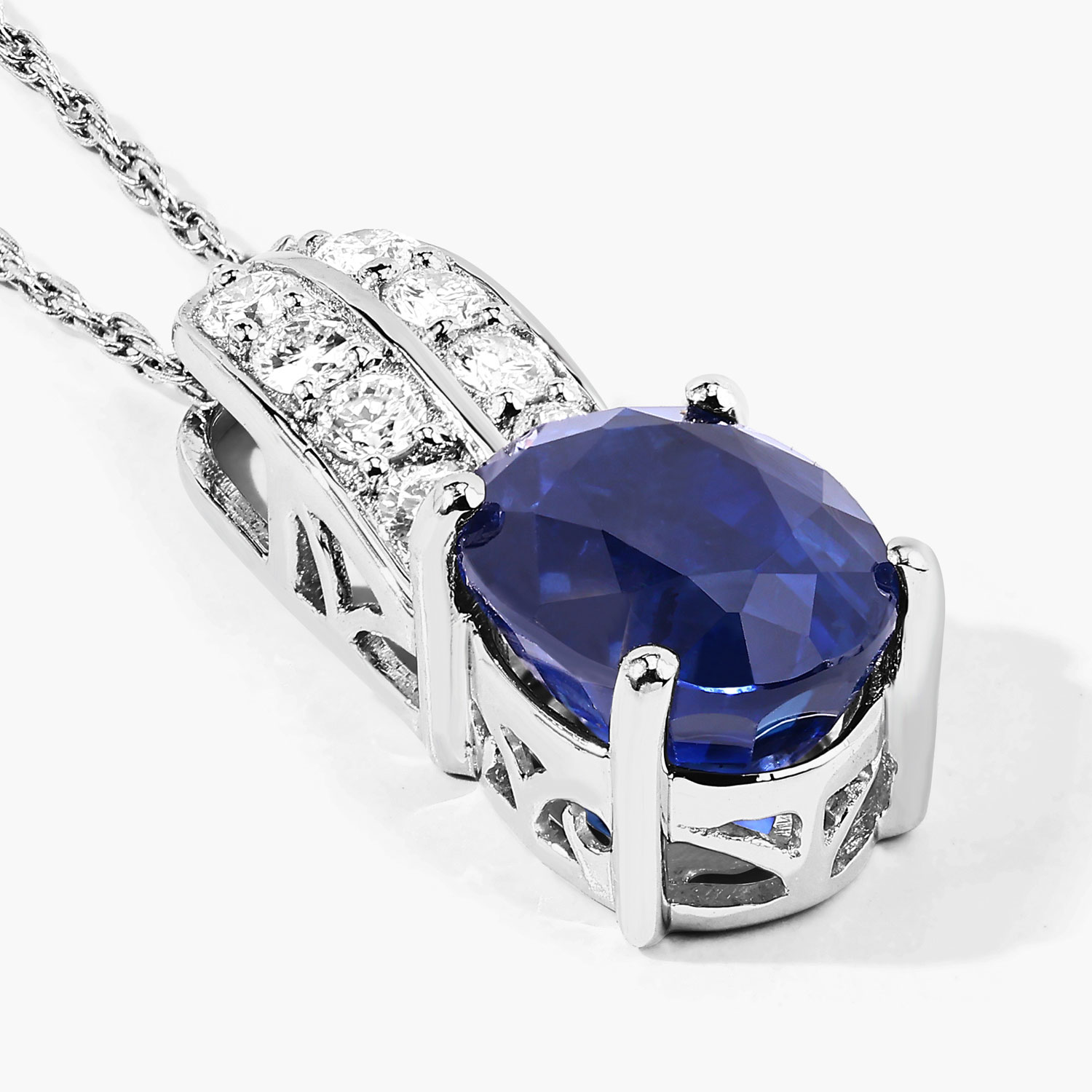 2.74 Carat Genuine Ceylon Blue Sapphire and White Diamond 18K White Gold Pendant 2.74 C.T.W 18K white gold - view 3