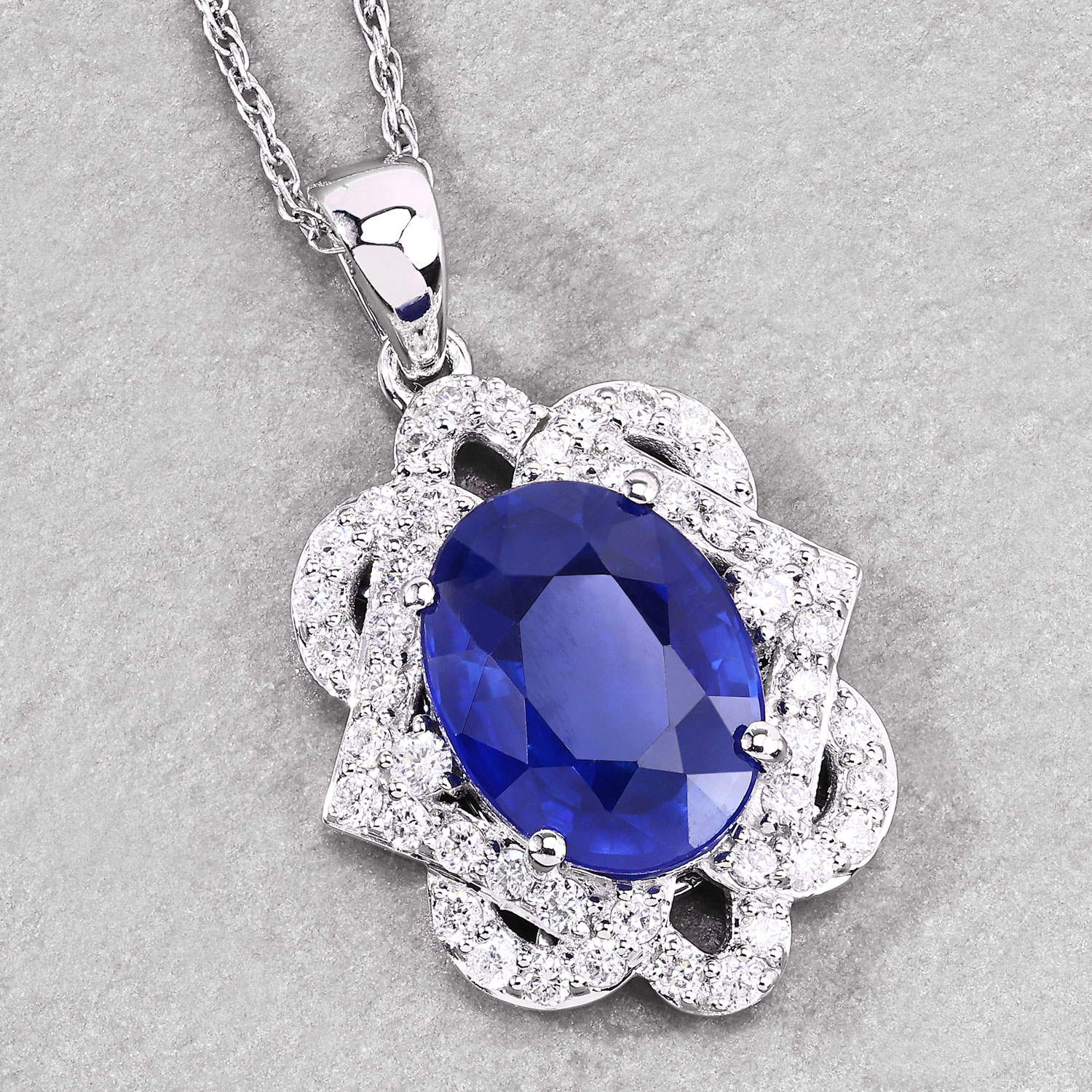 3.16 Carat Genuine Ceylon Blue Sapphire and White Diamond 18K White Gold Pendant 3.16 C.T.W 18K white gold - view 6