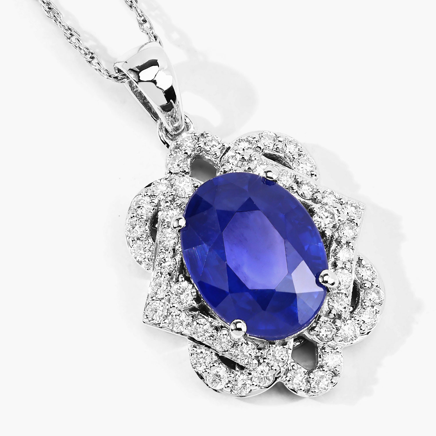 3.16 Carat Genuine Ceylon Blue Sapphire and White Diamond 18K White Gold Pendant 3.16 C.T.W 18K white gold - view 5