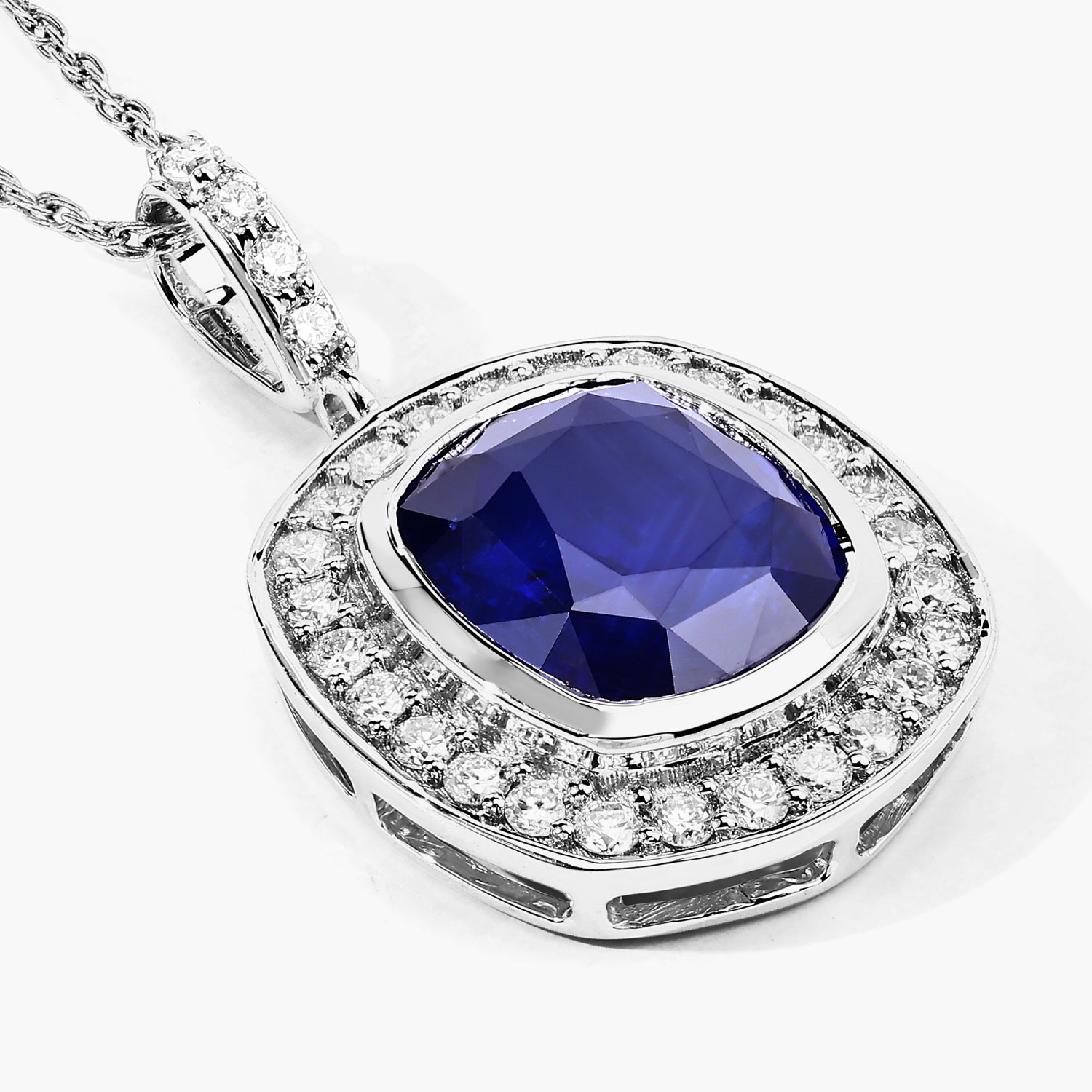 2.96 Carat Genuine Ceylon Blue Sapphire and White Diamond 18K White Gold Pendant 2.96 C.T.W 18K white gold - view 4