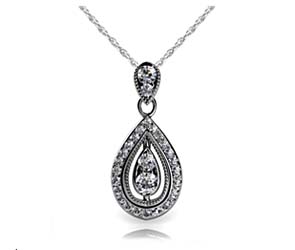 Sculptural Two Stone Halo Drop Shape Diamond Pendant