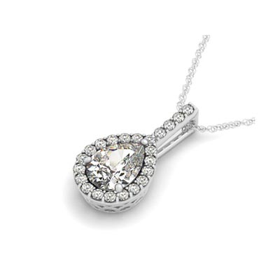 Drop Three Prong Halo Pear Diamond Pendant 0.65 Carat Total Weight