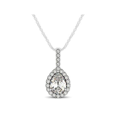 Drop Three Prong Halo Pear Diamond Pendant 0.65 Carat Total Weight