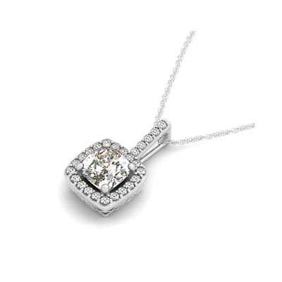 Drop Four Prong Halo Cushion Diamond Pendant 1.0 Carat Total Weight