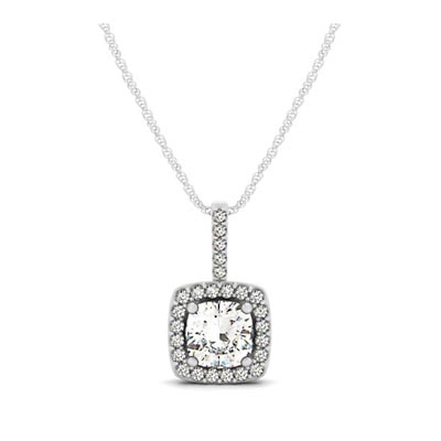 Drop Four Prong Halo Cushion Diamond Pendant 1.0 Carat Total Weight