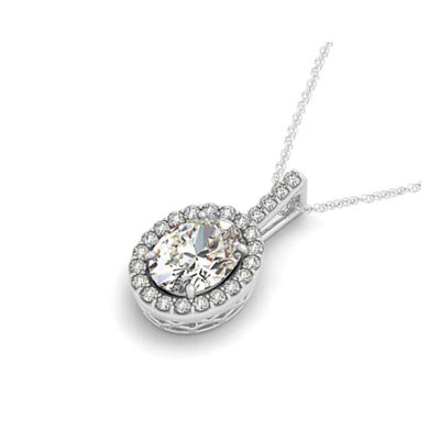 Drop Four Prong Halo Oval Diamond Pendant 0.66 Carat Total Weight