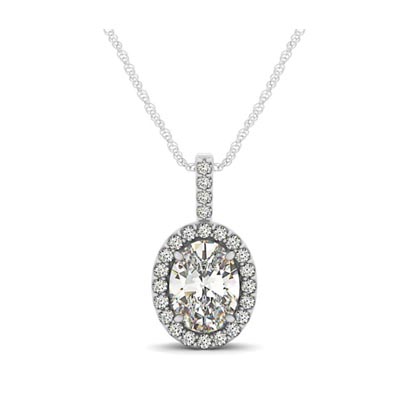 Drop Four Prong Halo Oval Diamond Pendant 0.66 Carat Total Weight