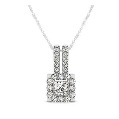 Double Diamond Lined Bail Square Halo Pendant 1.06 Carat Total Weight