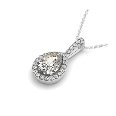 Drop Four Prong Halo Pear Diamond Pendant 5/8 Carat Total Weight