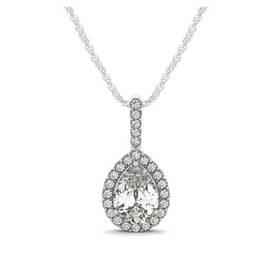 Drop Four Prong Halo Pear Diamond Pendant 5/8 Carat Total Weight