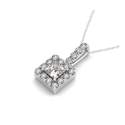 Drop Four Prong Halo Princess Cut Diamond Pendant 3/8 Carat Total Weight