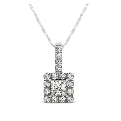 Drop Four Prong Halo Princess Cut Diamond Pendant 3/8 Carat Total Weight