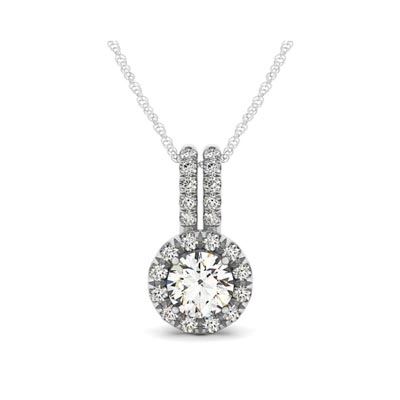 Double Diamond Lined Bail Round Halo Pendant 1.0 Carat Total Weight