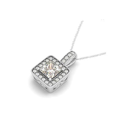 Drop Halo Square Cut Diamond Bezel Pendant 0.8 Carat Total Weight