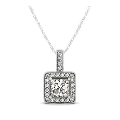 Drop Halo Square Cut Diamond Bezel Pendant 0.8 Carat Total Weight