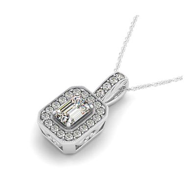 Drop Halo Emerald Cut Diamond Bezel Pendant 3/4 Carat Total Weight