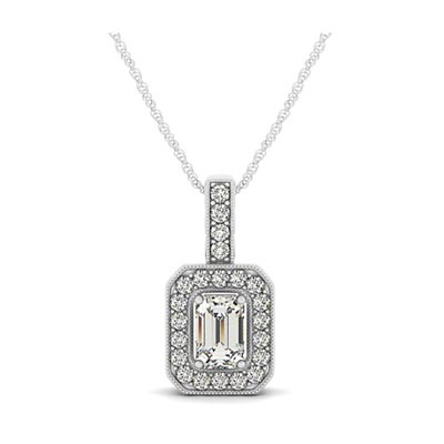 Drop Halo Emerald Cut Diamond Bezel Pendant 3/4 Carat Total Weight