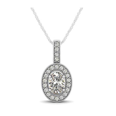 Drop Halo Oval Cut Diamond Bezel Pendant 3/4 Carat Total Weight