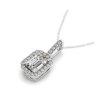 Drop Three Prong Halo Emerald Cut Diamond Pendant 3/8 Carat Total Weight