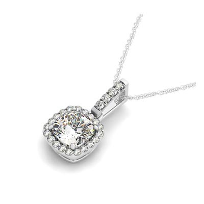 Drop Three Prong Halo Cushion Cut Diamond Pendant 0.66 Carat Total Weight