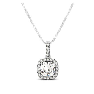 Drop Three Prong Halo Cushion Cut Diamond Pendant 0.66 Carat Total Weight