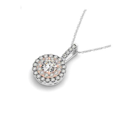 Two Tone Double Halo Drop Style Pendant 1/3 Carat Total Weight