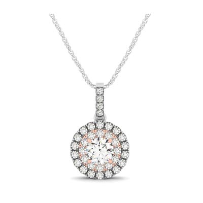 Two Tone Double Halo Drop Style Pendant 1/3 Carat Total Weight