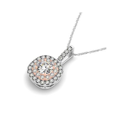 Two Tone Double Halo Cushions Drop Style Pendant 1/3 Carat Total Weight