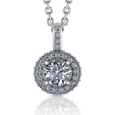 Round Halo Beaded Diamond Pendant 5/8 Carat Total Weight